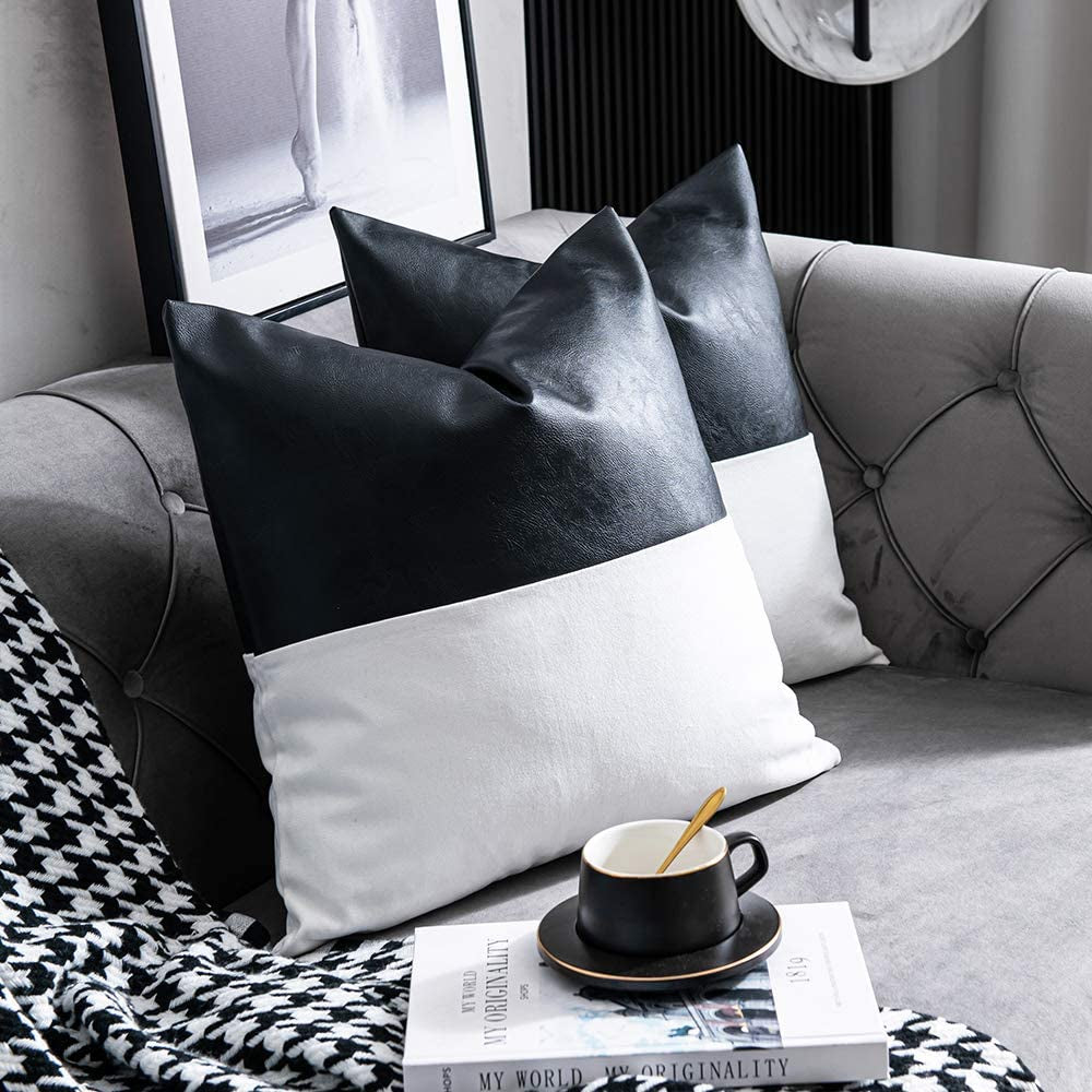 Faux Leather Accent Pillow Covers Set of 2
