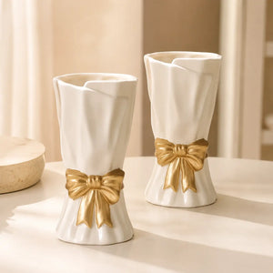 Elegant Gold Bow Ceramic Vase for Home