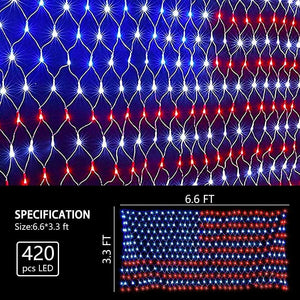 Super Bright Waterproof American Flag Net Lights - 420 LED String Lights for Independence Day, Home, Yard, and Garden Patio Holiday Decorations