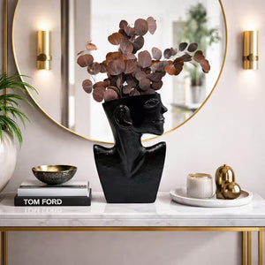 14.5 In. Decorative Metal Abstract Face Vase in Black