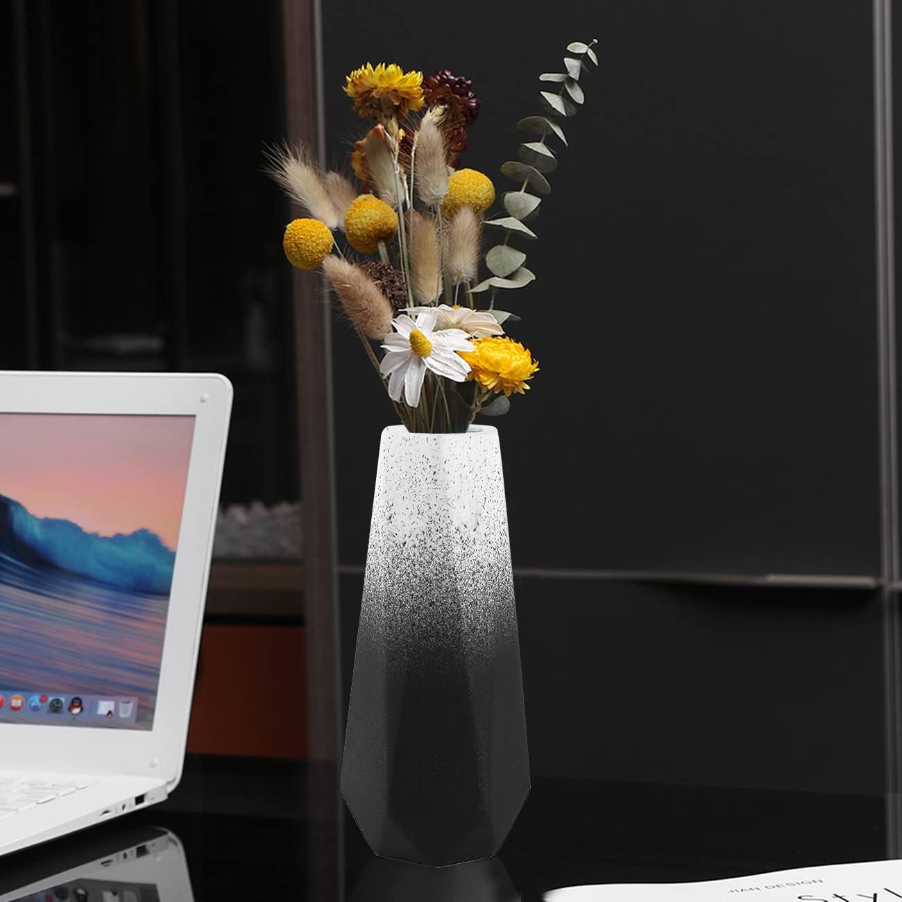 Geometric Ceramic Flower Vase for Modern Home Decoration, Frosted Porcelain Floral Vase, Black Gradient, 7.8In