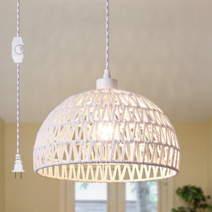 Derica 1 - Light 11.81In. Plug-In Woven Rattan Dome Pendant with Rope Accents Boho Style, 14.76 Feet Cord