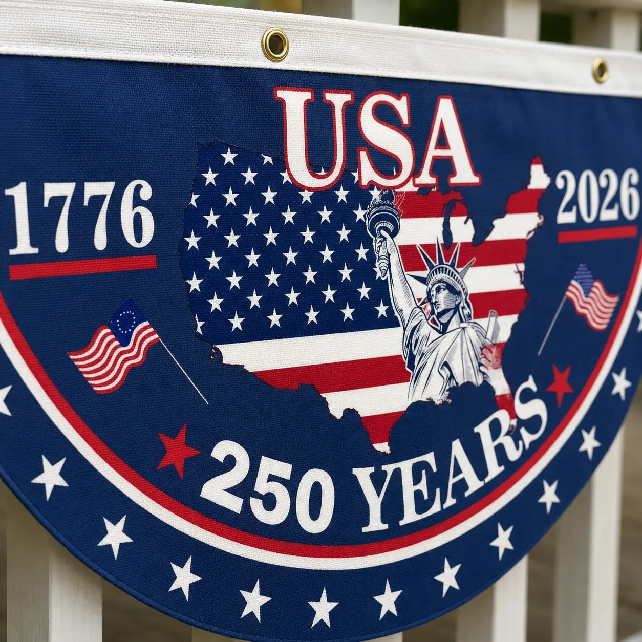 USA 250th Anniversary Polyester Semicircular Bunting Flag, 1776-2026 Patriotic Banner for Independence Day Celebrations and Outdoor Decor