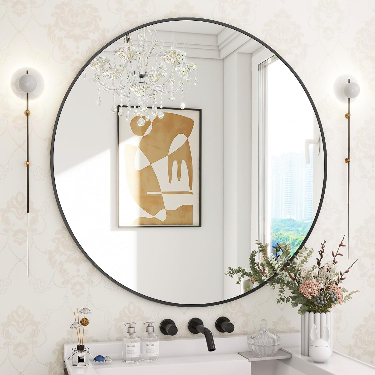 Round Black Wall Mirror 30 Inch Metal Frame