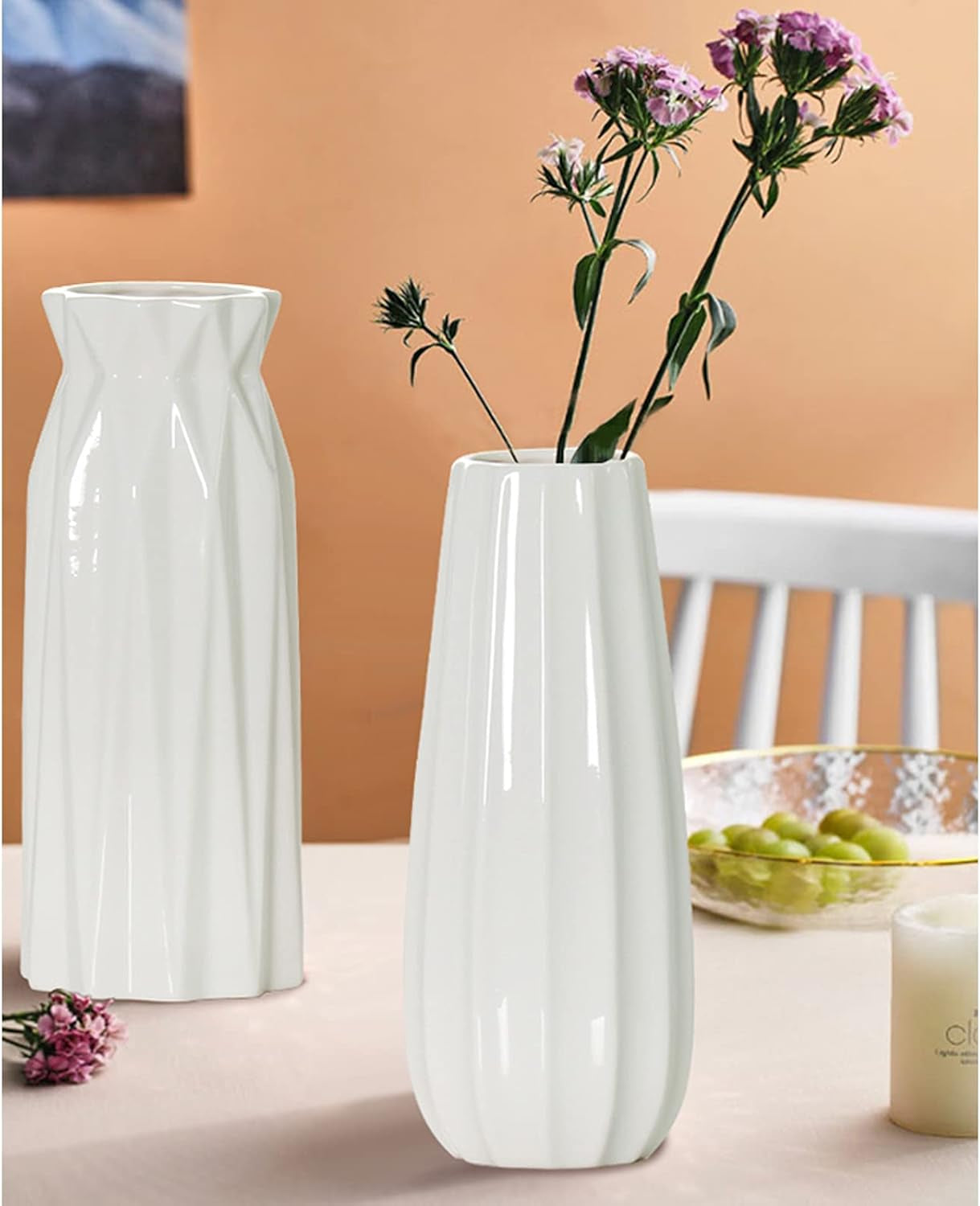 White Ceramic Vase, 8" Tall, Modern Decorative Flower Vase for Home Décor, Floral Container Table Desktop Ornament for Living Room, Restaurant, Café, Gift for Wedding Housewarming Party Decoration
