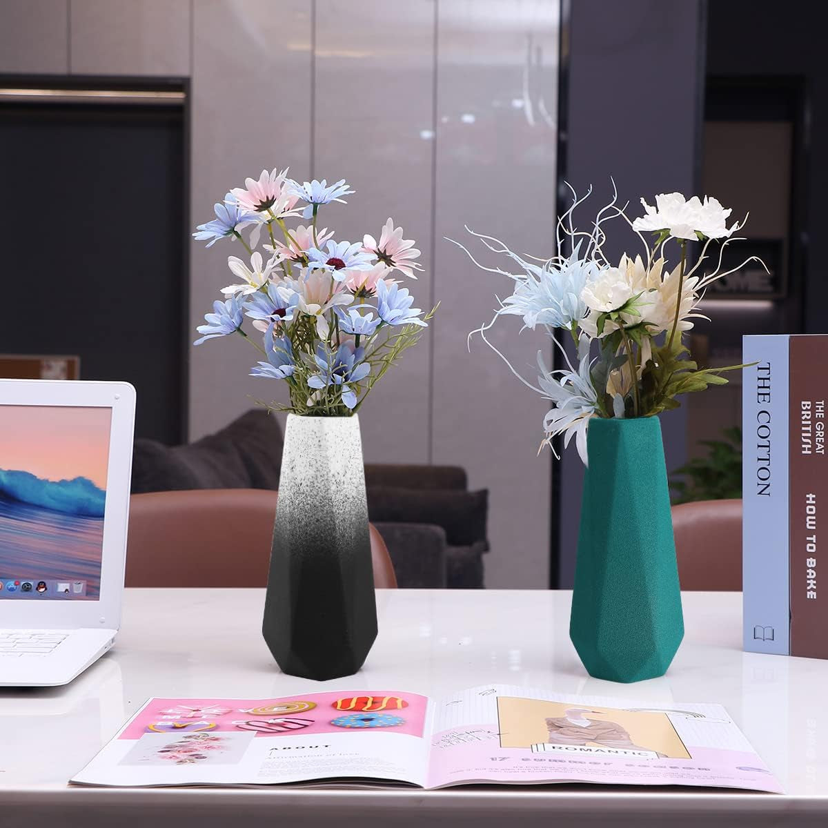 Geometric Ceramic Flower Vase for Modern Home Decoration, Frosted Porcelain Floral Vase, Black Gradient, 7.8In