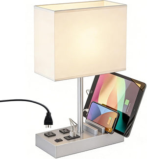 Bedside Table Lamp with 3 USB Charging Ports, 2 AC Outlets and 3 Phone Stands, Modern USB Desk Lamp with Silver Wooden Base