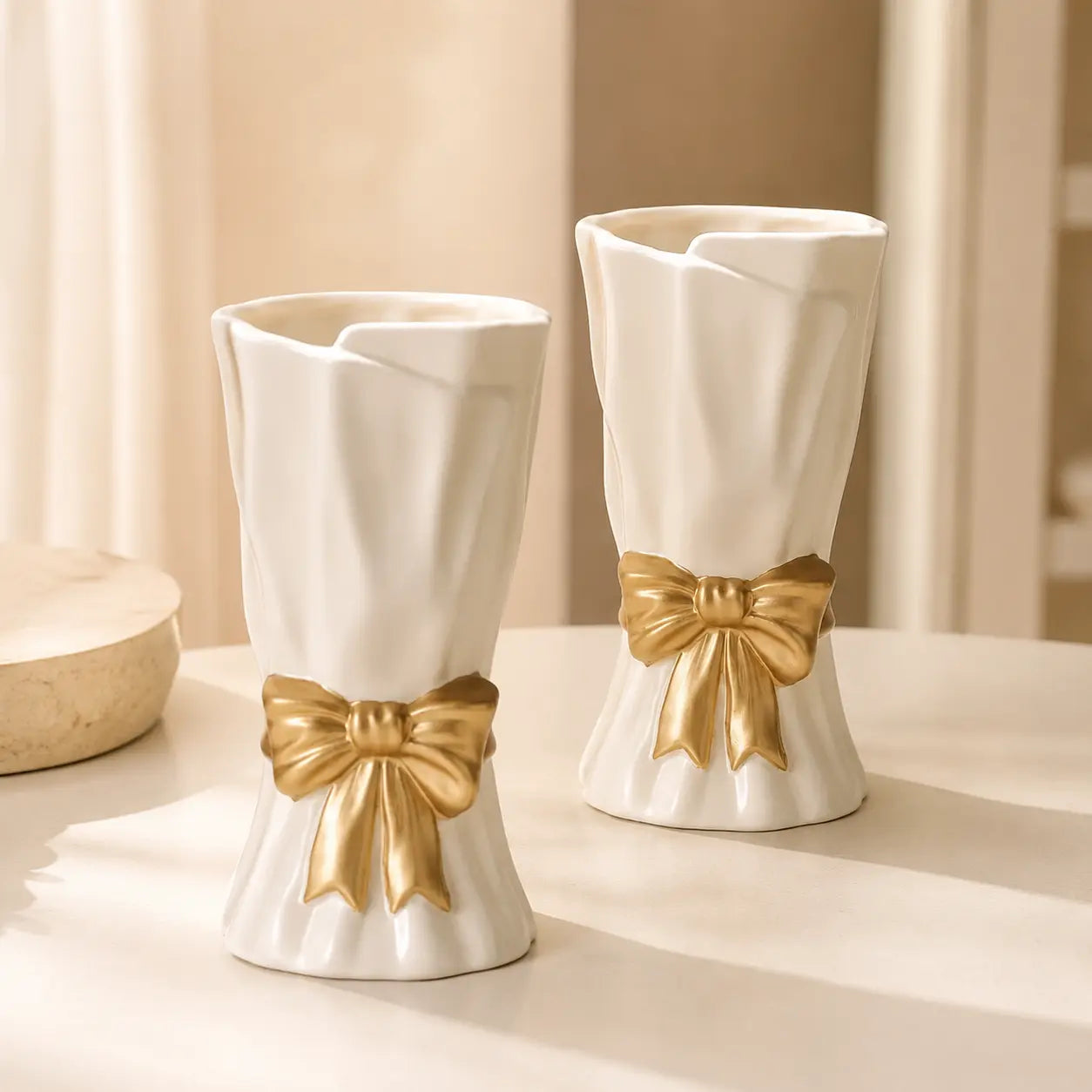 Elegant Gold Bow Ceramic Vase for Home