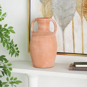 16 In. Orange Terracotta Jug Ceramic Decorative Vase with Handles