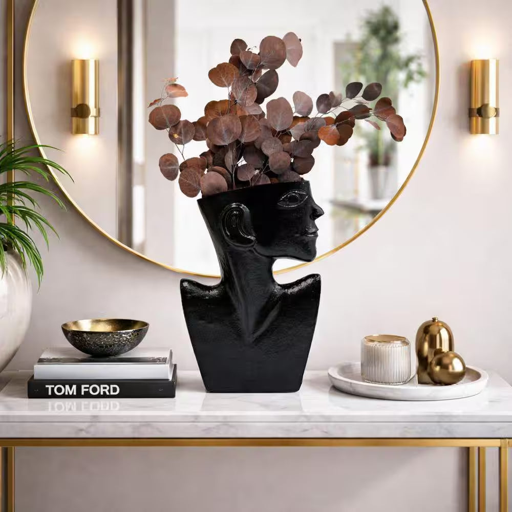 14.5 In. Decorative Metal Abstract Face Vase in Black