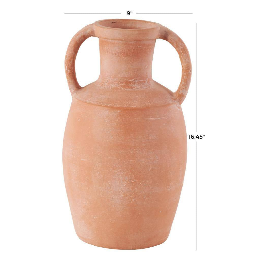 16 In. Orange Terracotta Jug Ceramic Decorative Vase with Handles