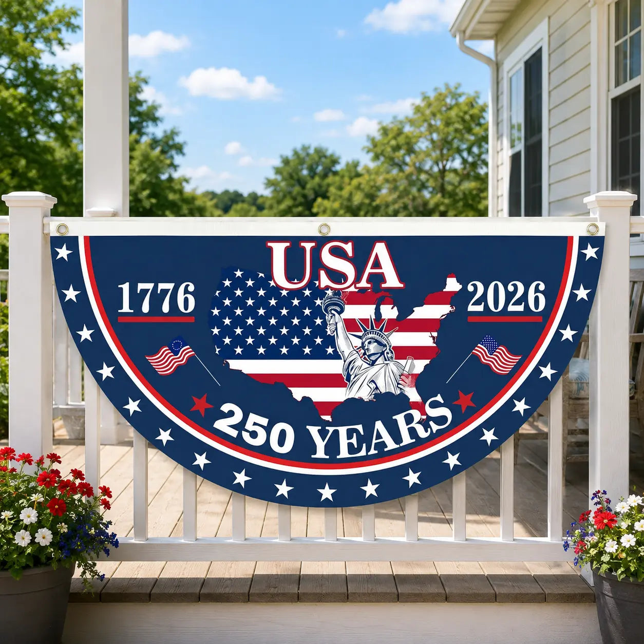 USA 250th Anniversary Polyester Semicircular Bunting Flag, 1776-2026 Patriotic Banner for Independence Day Celebrations and Outdoor Decor