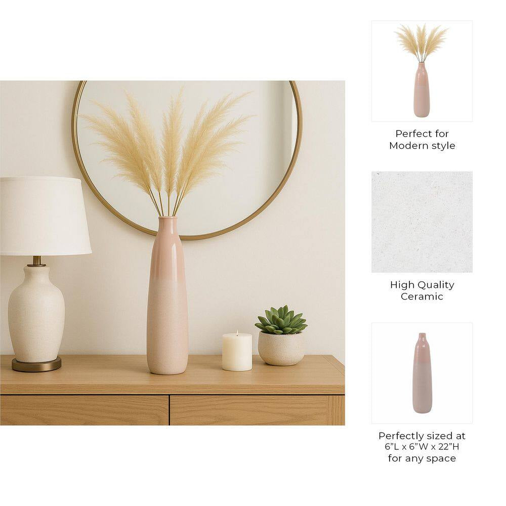 22 In. Blush Pink Ceramic Bottle Shaped Decorative Vase