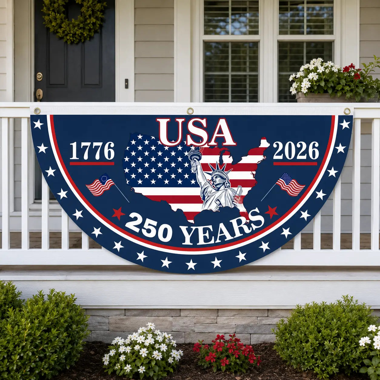 USA 250th Anniversary Polyester Semicircular Bunting Flag, 1776-2026 Patriotic Banner for Independence Day Celebrations and Outdoor Decor