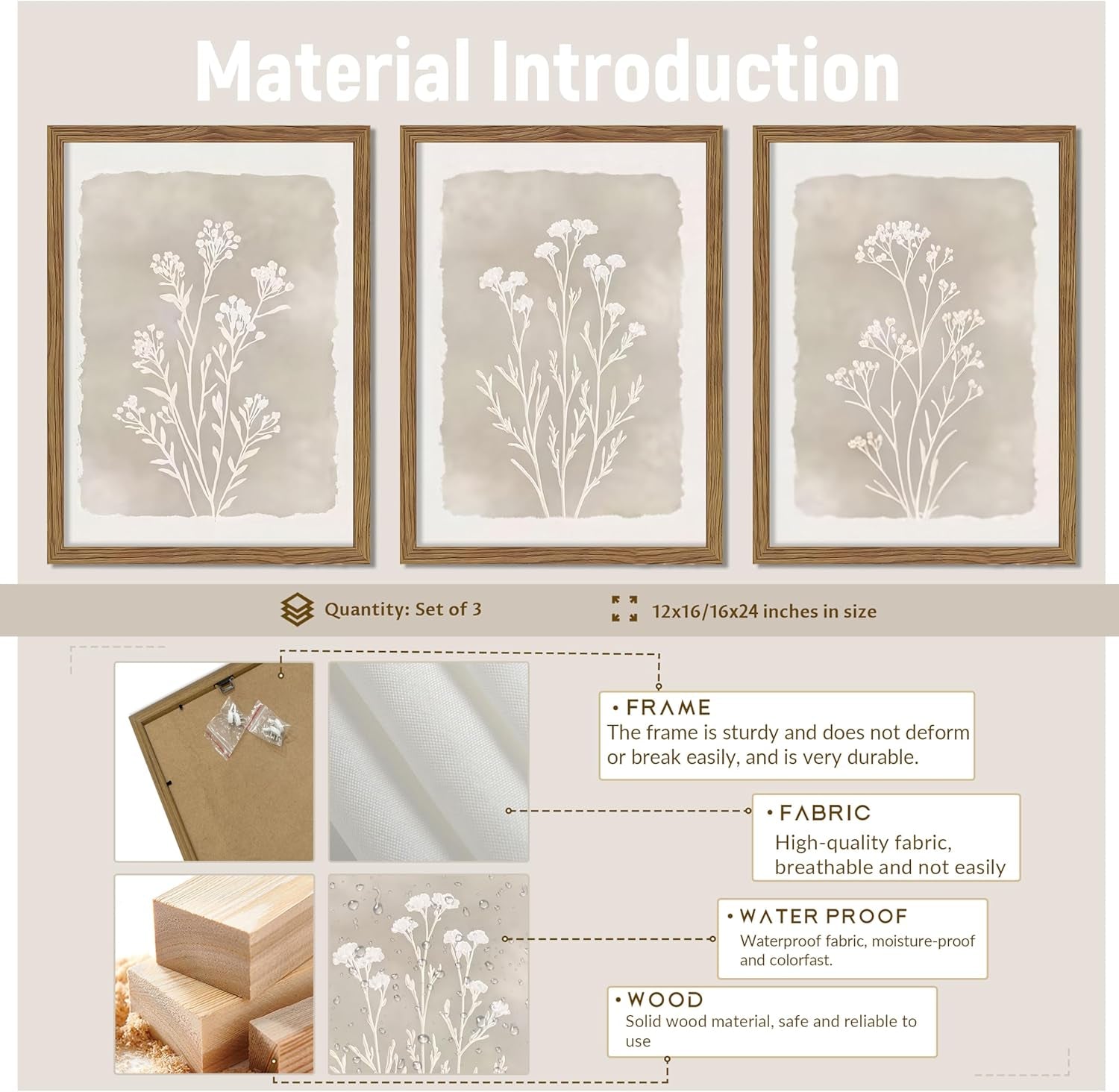 Boho Botanical Wall Art Set of 3 Framed