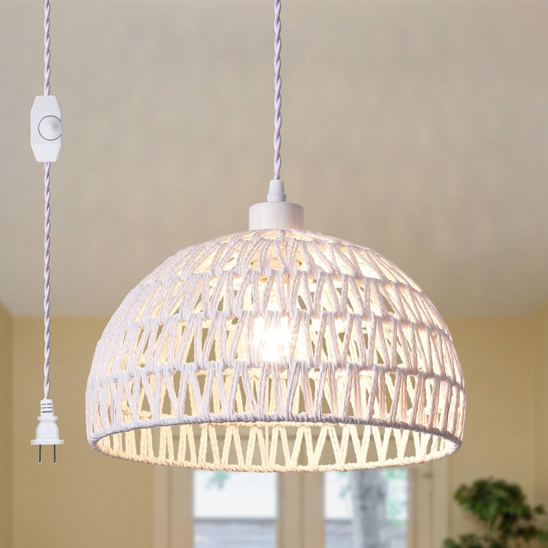 Derica 1 - Light 11.81In. Plug-In Woven Rattan Dome Pendant with Rope Accents Boho Style, 14.76 Feet Cord
