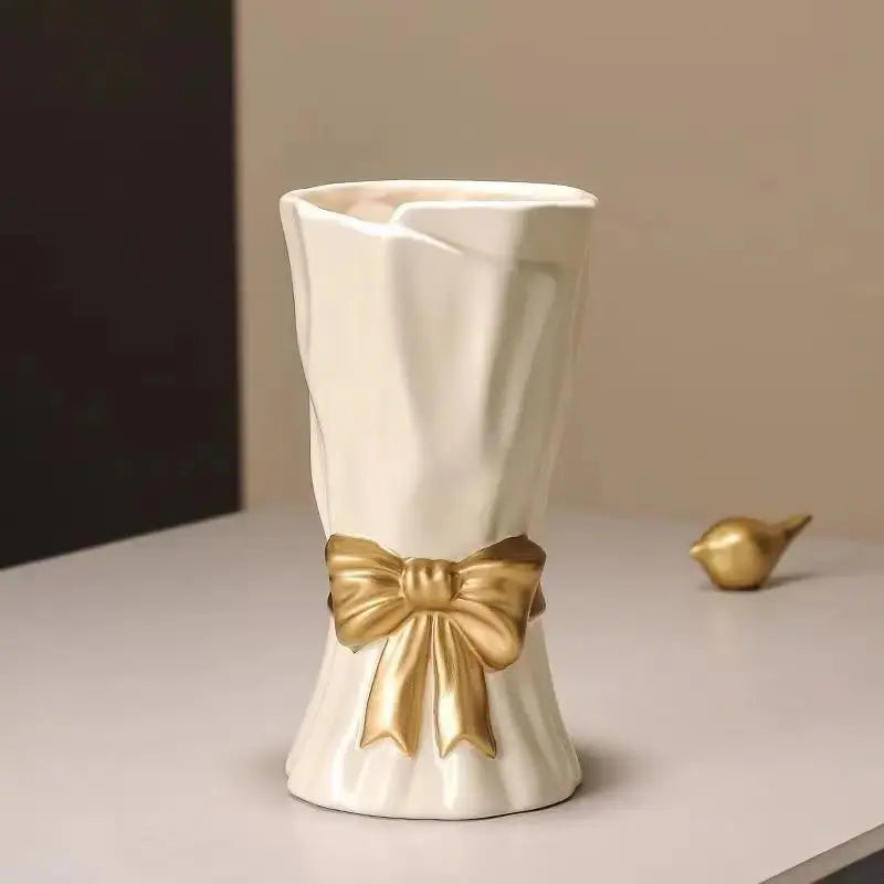 Elegant Gold Bow Ceramic Vase for Home
